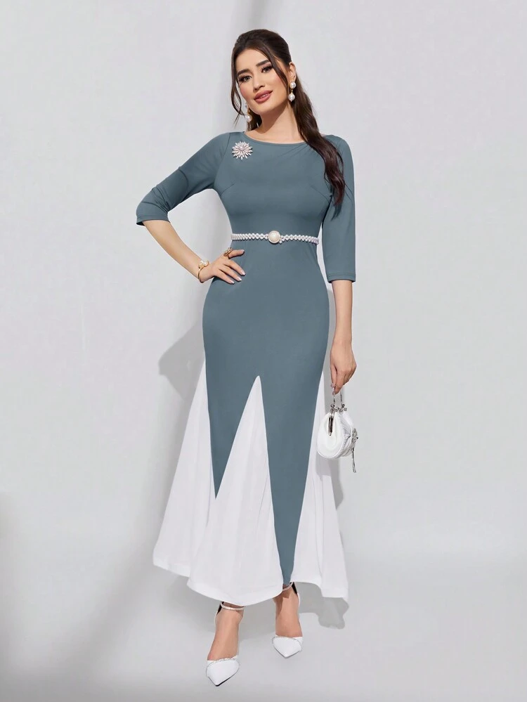 Women's Contrast Color Mermaid Hem Bodycon Dress