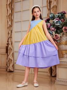 SHEIN Vestido Midi Con Cuello Redondo Y Sin Mangas De Color Contrastado Y Volantes Para Niñas De Tween