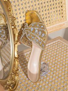 Spring/Summer Fashionable Square-Toe Crystal Heeled Glass Rhinestone Decorated Chain Women's Gold High Heel Sandals Suitable For Parties And Other Formal Occasions - Gold - View 5