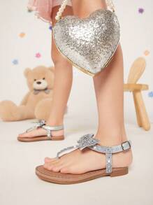 Mini mi Girls Blingbling Silver Crystal Bow Design T-Strap Sandals- Luxury,Stylish, Comfortable