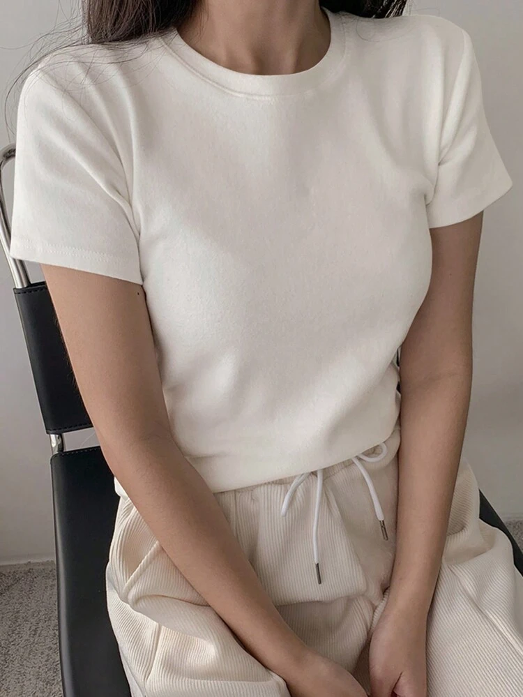 Women's Solid Color Round Neck Short Sleeve T-Shirt Summer,Business Casual Women