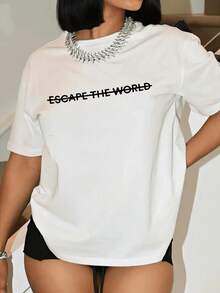 INAWLY Kích thước lớn In thư Ngắn tay Áo thun - trắng - Xem 3