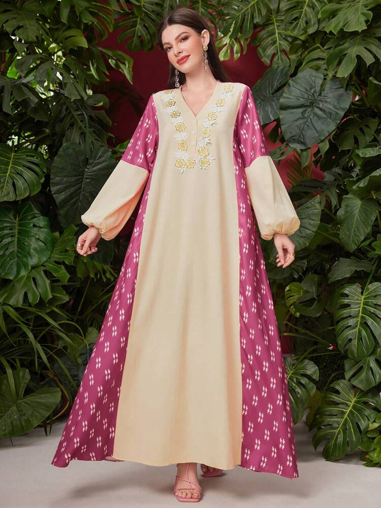 Women's Color Blocking Floral Print Patchwork Dress With Bishop Sleeves And Appliques