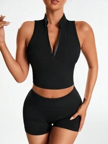 SHEIN Sports Solid Color Half Zipper Sleeveless Sports Tank Top Gym Top - Black - View 1