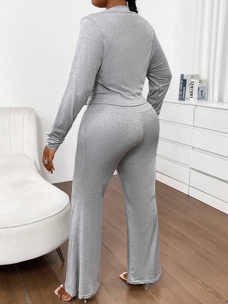 Plus Size Ladies' Fold-Over Long Sleeve T-Shirt And Flare Pants Casual Two-Piece Set