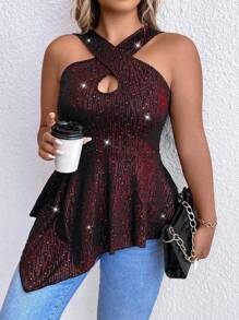 SHEIN Clasi 大碼前交叉花邊下擺上衣 - 紅色 - 查看 7