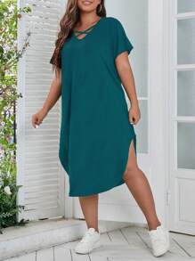 Calvaya Plus Crisscross Front Curved Hem Tee Dress - Teal Blue - View 1