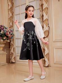 SHEIN Tween dziewczynka Śliczny Bańka Rękaw Szyfon Staw Iskrzący się Dekoracja z kryształu górskiego Średniej długości Sukienki