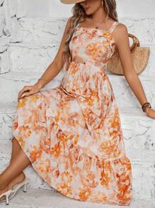 Breezaya Của phụ nữ In hoa Xù Hoa Sen Dây đeo Mì Ý  Đầm - Màu Cam cháy - Xem 5