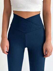 RueChic Leggings Da Donna Con Sovrapposizione In Vita E Colore Unito - Blu Navy - Visualizzare 4