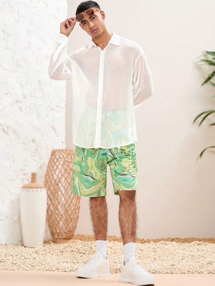 Men's Woven Casual Solid Color Shirt And Tie-Dyed Shorts 2-Piece Set