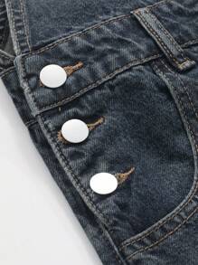 DAZY Loose-Fit Washed Denim Overall Dress With Patch Pockets - Dark Wash - View 7