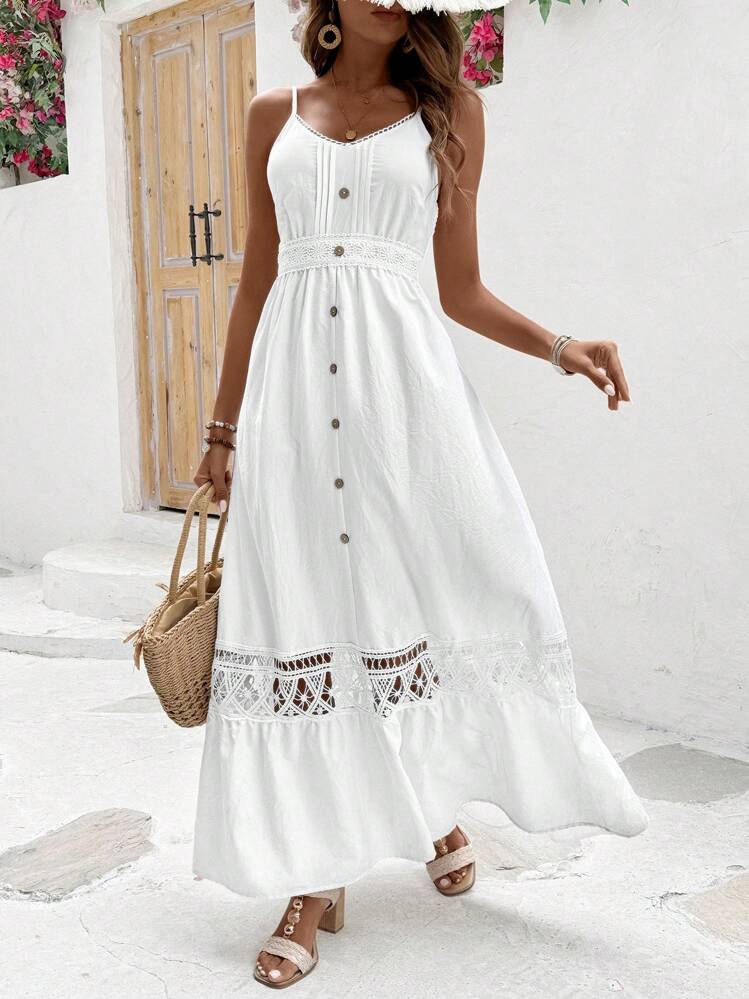 chinese dress ladies Luxury French White Lace Dress Mesh Stitching, Pearl Buttons, High Quality Belt White / XL