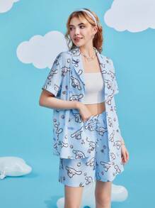 HELLO KITTY AND FRIENDS | SHEIN Fashionable Casual Cartoon Print Blue Lapel Collar PJ Set - Multicolor - View 4