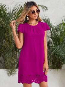 SHEIN Clasi Puff Sleeve Edge Laser Cut Dress - Red Violet - View 1