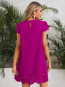 SHEIN Clasi Puff Sleeve Edge Laser Cut Dress - Red Violet - View 2
