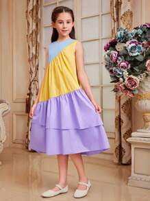 SHEIN Vestido Midi Con Cuello Redondo Y Sin Mangas De Color Contrastado Y Volantes Para Niñas De Tween