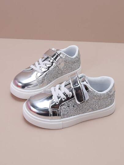 兒童運動鞋,銀色鏡面亮片女孩休閒運動鞋