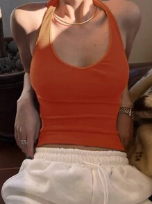 DAZY 纯色圆领修身吊带背心 - 橘色 - 查看 3