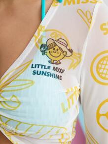 Mr Men Little Miss X SHEIN Cartoon And Letter Graphic Tie Front Crop Top - Multicolor - View 5