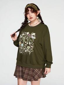 ROMWE Fairycore Women's Plus Size Botanical Flower Print Green Sweatshirt