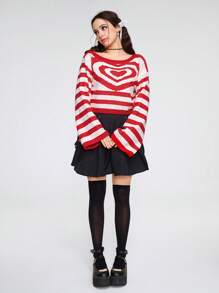 ROMWE Kawaii Women's Asymmetrical Neck Heart Striped Pullover Sweater - Red - View 2