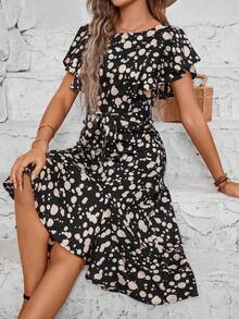 SHEIN Clasi 印花不對稱褶邊連衣裙 - 黑色 - 查看 6