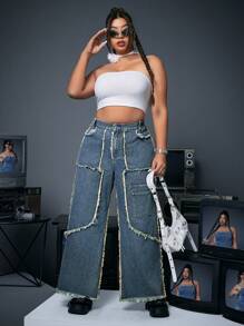 SHEIN ICON Plus Size Raw Hem Straight Leg Jeans - Blue - View 3