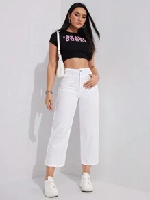 SHEIN ICON 大码女式休闲宽松直筒浅蓝色无弹力牛仔裤 - 白色 - 查看 5