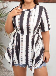 SHEIN Clasi Plus Size Striped Round Neckline Shirt With Cinching Waist - Multicolor - View 4