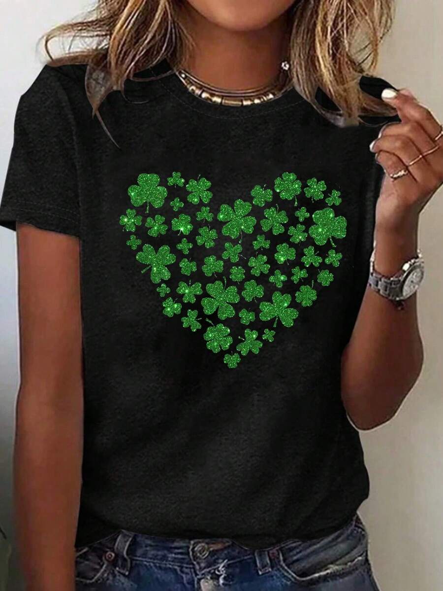 SHEIN LUNE 聖派翠克節幸運三葉草和心形印花t恤 - 黑色 - 查看 1