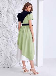 Modelyn Của phụ nữ Khối màu Đứng cổ áo Ống tay áo Đầm - màu xanh lá - Xem 2