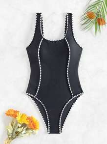 SHEIN Swim Bộ đồ bơi liền thân cổ vuông màu sắc mùa hè ôm vừa vặn có viền xếp nếp - Đen và trắng - Xem 1