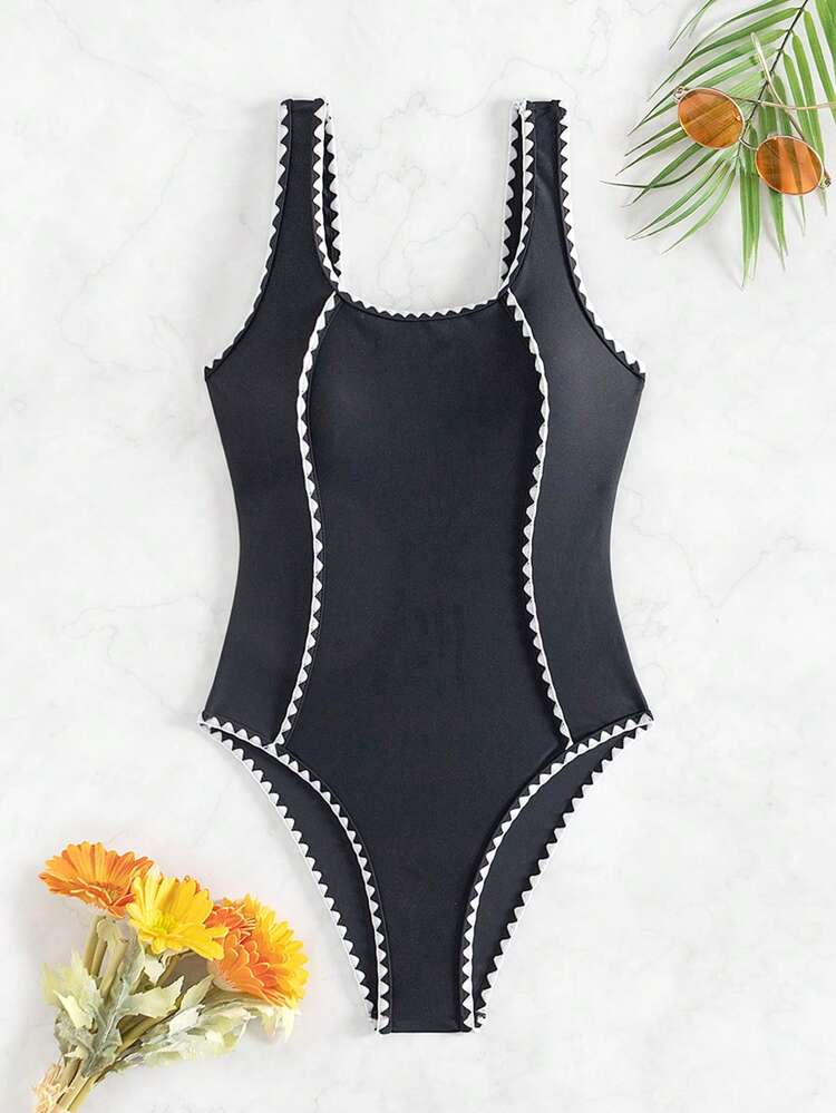 Summer Color Block Square Neckline Slim Fit One-Piece Swimsuit With Ruffled Trim