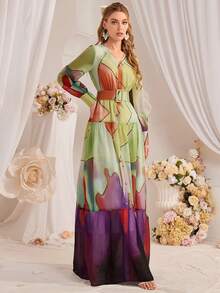 女士优雅扎染几何印花灯笼袖连衣裙，适合春夏季 - 彩色 - 查看 6