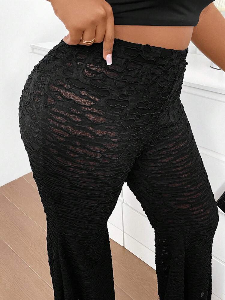Plus Size Solid Color Textured Sexy Flared Pants Fall Cloth For Women