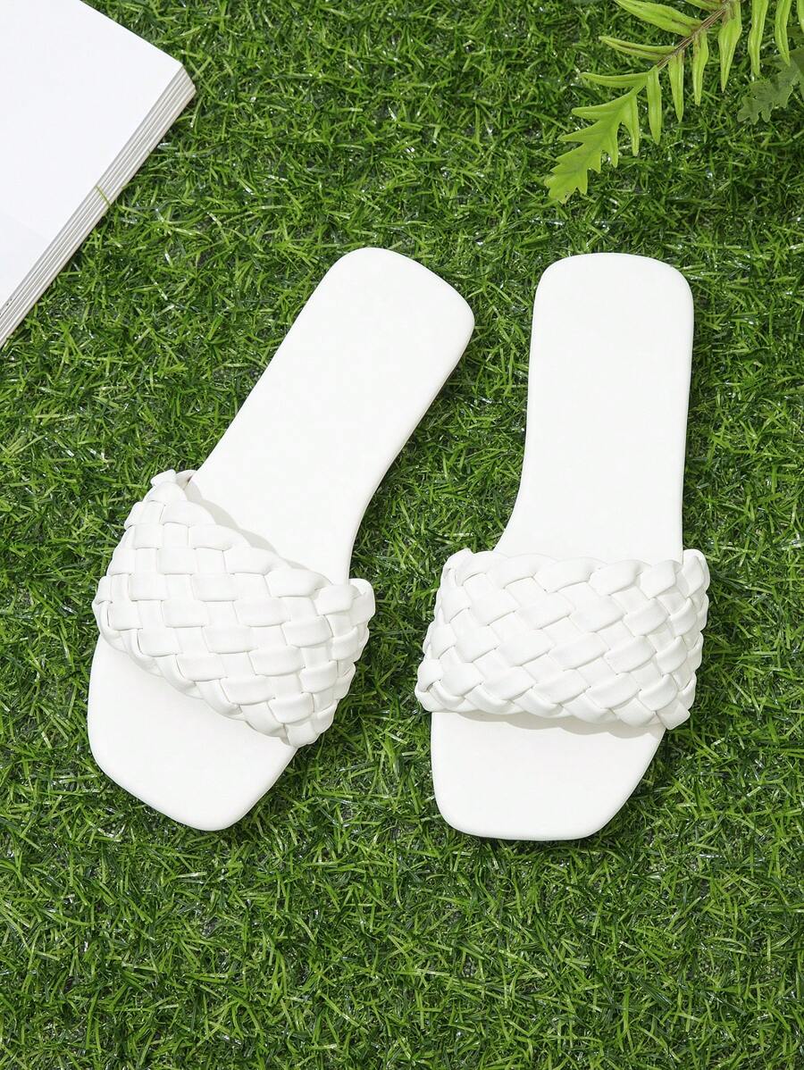 儿童纯色方头编织时尚平底凉鞋夏季