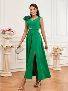 SHEIN Belle Solid Color 3d Flower Hollow Out Slit Bridesmaid Dress - Green - View 6
