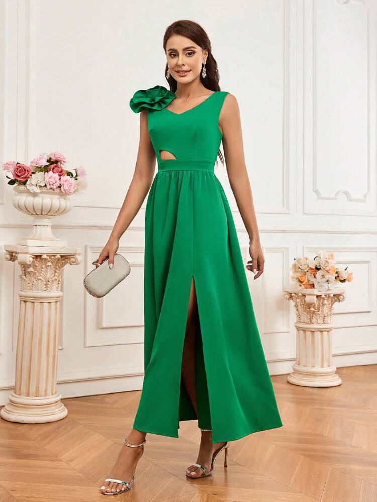 Solid Color 3d Flower Hollow Out Slit Bridesmaid Dress