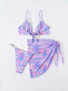 SHEIN Swim Summer Tie Dye V-Neck Bikini Set 3pcs/Set - Multicolor - View 8