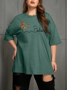 SHEIN LUNE Plus Size Butterfly And Letter Printed Short Sleeve T-Shirt - Dark Green - View 5
