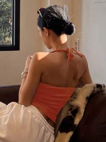 DAZY 纯色圆领修身吊带背心 - 橘色 - 查看 2