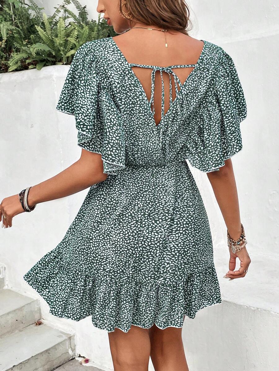 SHEIN Frenchy Romantic Ruffle Trim Decor Sundress,Crushed Flower Dark Green Dress,Backless Beach Women Dresses,Tie Waist Elegant Mini Dress - Green - View 1