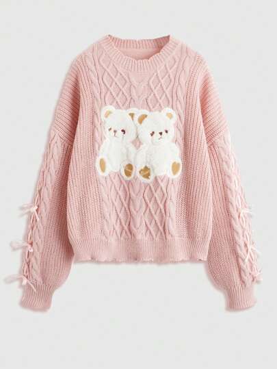Kawaii Bear Pattern Lace Up Cable Knit Sweater