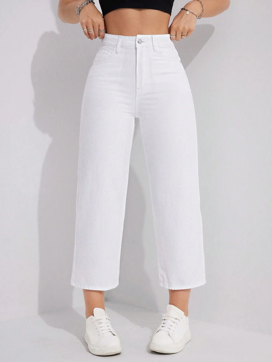 SHEIN ICON 大码女式休闲宽松直筒浅蓝色无弹力牛仔裤 - 白色 - 查看 1