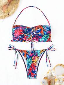 SHEIN Swim Women's Tropical Colorful Leaf Print Lace-Up Bikini Set Summer