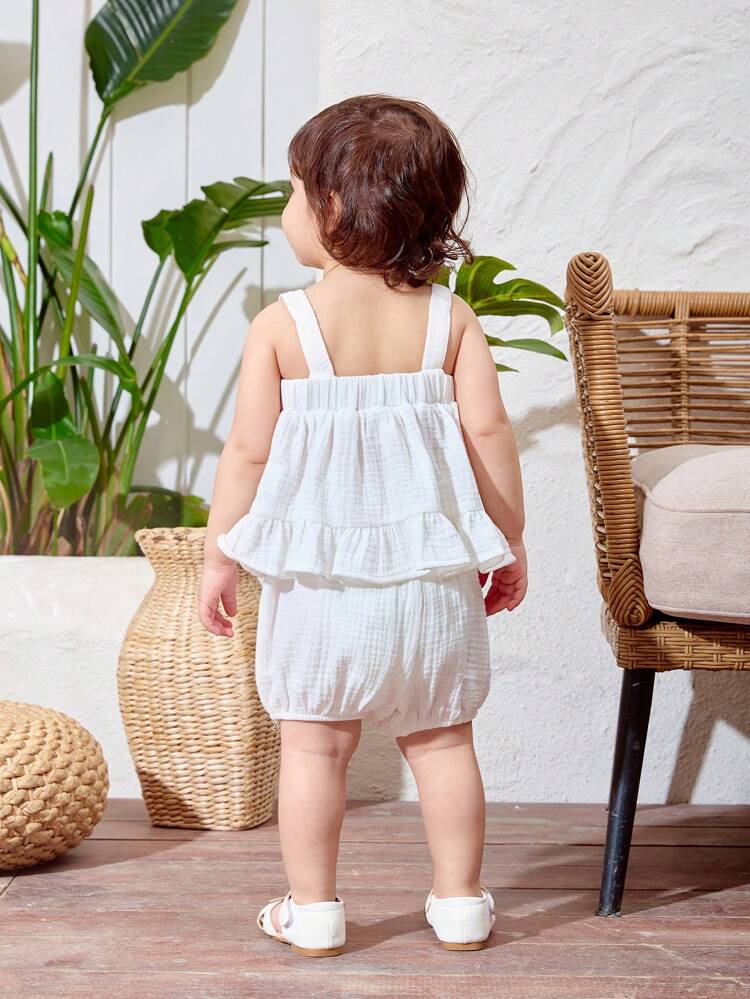Baby Girl Lovely Floral Print Tank Top With Ruffle Hem And Solid Color Shorts Summer Outfit
