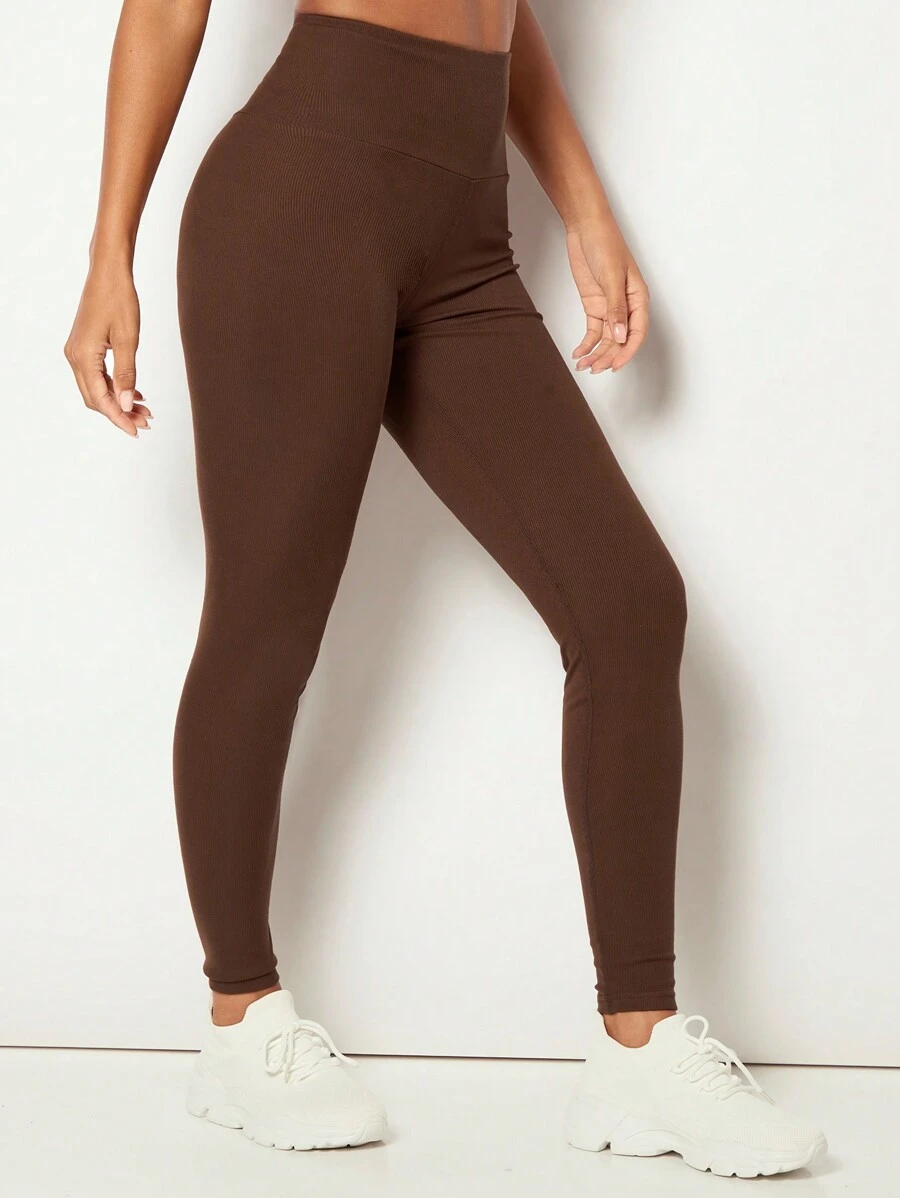SHEIN BASICS Women's Ribbed Knit Long High Waist Leggings - Coffee Brown - View 1