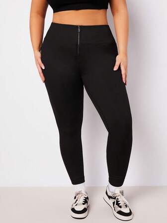 SHEIN BASICS 大尺寸女士凸線前拉鍊長褲