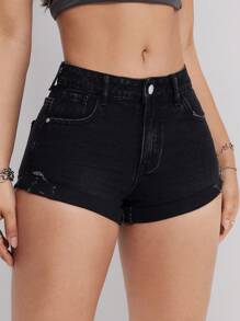 SHEIN EZwear Women's Ripped Frayed Hem Slim Fit Mini Denim Shorts - Black - View 6